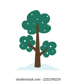 Hand Drawn winter tree with snow in green flat vector design illustration for clip art for garden park and forest isolated on white background