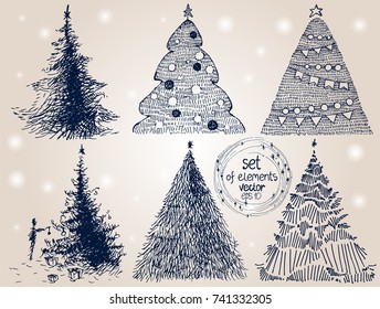 Hand drawn winter trees. Set of Christmas tree. Merry Christmas. New Year. Template for greeting card, postcard.