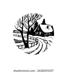 Hand drawn winter vintage Christmas landscape sletch. Happy New Year vector illustration