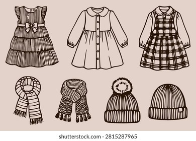 Hand drawn winter wardrobe collection with dresses, scarves and knit hats in outline style. Great for fashion branding, boutique graphics, planners, stickers and apparel design.