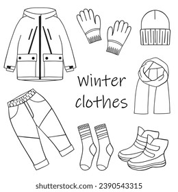 Hand drawn winter wardrobe illustration. Design for stickers, print, decor. Illustration of winter clothes in doodle style. Vector illustration