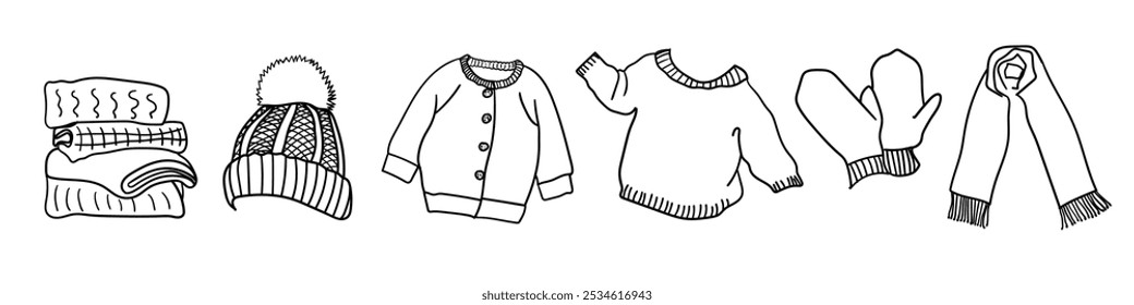 Hand drawn winter wear elements. Hand drawn sweaters, scarfs, mittens and cap.