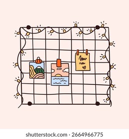 Tablero de notas de alambre dibujado a mano con notas, Fotos y guirnalda ligera. Doodle dibujo de marco de fotos de metal. Equipamiento de habitación para adolescentes. gráfico de Vector