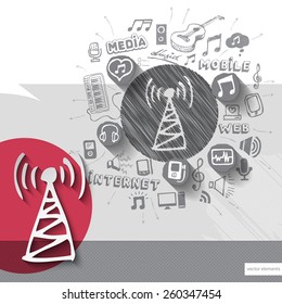 Hand drawn wireless icons with icons background. Vector illustration