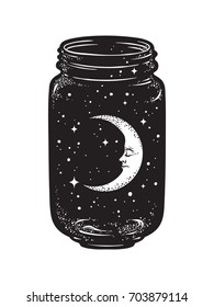 Hand drawn wish jar. Crescent moon and stars in glass jar isolated. Sticker, print or tattoo design vector illustration.