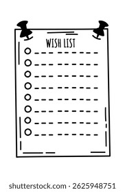 La lista de deseos dibujada a mano se adjunta al fondo blanco con pines de empuje, creando una representación visual simple pero efectiva de la fijación de objetivos y el cumplimiento del deseo