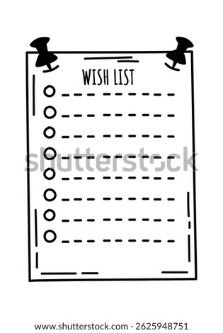 Hand drawn wish list is attached to white background with push pins, creating a simple yet effective visual representation of goal setting and desire fulfillment