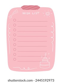 Hand drawn Wish list template for Birthday wishes. Paper note decorated with cake, sun and falling star. Doodle style. Vector illustration