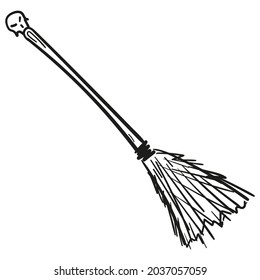 Hand drawn witch broom icon in doodle style isolated.