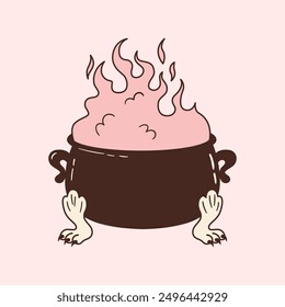 Hand drawn witch cauldron with animal paws. Cooking pot with boiling brew. Halloween magic potion decor. Witchcraft and alchemy element. Vector illustration