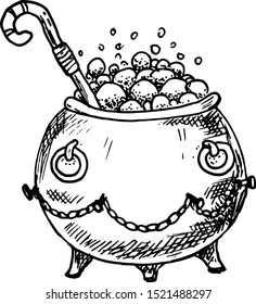 Hand Drawn witch cauldron doodle. Sketch style icon. Decoration element. Isolated on white background. Flat design. Vector illustration.
