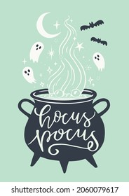 Hand Drawn Witch Cauldron With Magic Potion  Cute Ghosts   Bats  Handwritten Hocus Pocus Inscription  Isolated Elements Green Background  Vector Illustration Ideal for Halloween Theme Posters 
