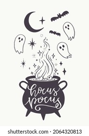 Hand Drawn Witch Cauldron With Magic Potion  Cute Ghosts   Bats  Handwritten Hocus Pocus Inscription  Isolated Elements  Vintage Style Vector Illustration Ideal for Halloween Theme Posters 