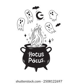 Hand drawn witch cauldron with magic poison, cute ghosts and liitle bats. Handwritten Hocus pocus