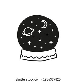 Hand drawn witch crystal ball or glass ball with stars, crescent moon and planet isolated on white background. Mystical symbol. Future telling. Boho chic tattoo.