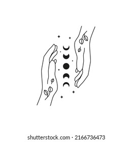 Hand drawn witch hands and moon phases, stars, leaves isolated on white background. Celestial boho illustration. Mystical design.
