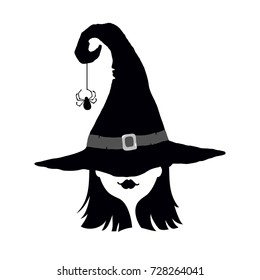 Hand drawn witch in hat. Black and white vector illustration.Design elements for Halloween event.