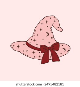 Hand drawn witch hat with dark red bow. Magic cap in pink color with stars and moon decor. Coquette halloween design. Vector illustration