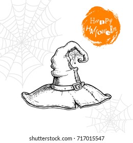 Hand drawn witch hat with spiderweb and spider. Halloween party poster and invitation design element. Magic symbol isolated on white background.