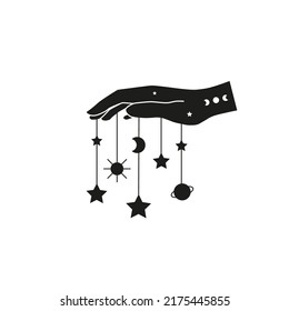 Hand drawn witch hand holding planet, crescent, sun, stars isolated on white background. Celestial boho illustration. Mystical design.