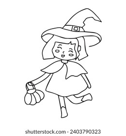 hand drawn witch kids coloring book. broom, magic