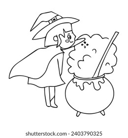 hand drawn witch kids coloring book. broom, magic