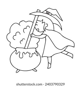 hand drawn witch kids coloring book. broom, magic