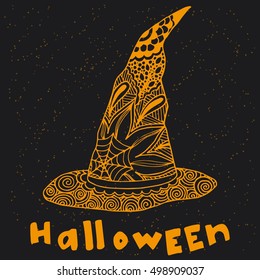Hand drawn witch magic hat in doodle style