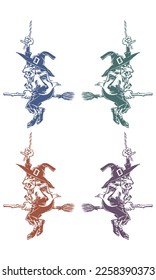 Hand Drawn Witch On The Broom Vector Illustration Isolated On A White Background