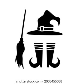 Hand drawn witch set of hat, legs, boots, broomstick for Halloween isolated on white background. Vector outline flat illustration. Design for party, celebration, web page, greeting card