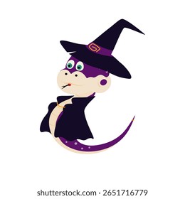 Hand Drawn Witch Snake in Hat and Cape Cute Halloween Character Holiday Thematic Design element idea