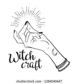 Hand drawn witch hand and snapping finger gesture  Flash tattoo  blackwork  sticker  patch print design vector illustration