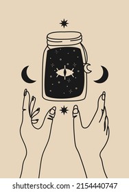 Hand drawn witchcraft items and mythical elements in boho, aztec style. Modern, trendy colors, minimalism art, vector illustration.
