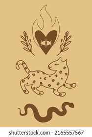 Hand drawn witchcraft items and mythical elements in boho, aztec style. Modern, trendy colors, minimalism art.