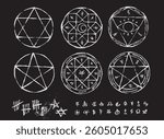 Hand drawn Witchcraft magic circle collection. - Pentagram, Ritual circle, Emblems and sigil occult symbols. - Bloody style for horror game art. - Halloween concept.