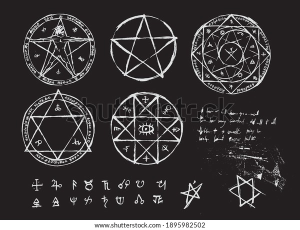 Hand drawn Witchcraft magic\
circle collection. pentagram and ritual circle. emblems and sigil\
occult symbols. Bloody style for horror game art. Halloween\
concept.