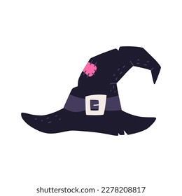 Hand drawn witch's hat, cartoon flat vector illustration isolated on white background. Halloween costume element. Old shaby pointy hat. Wizard and witch decoration.