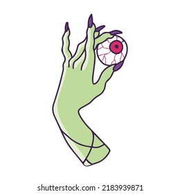 Hand drawn witch's hand holds an eye. Sweet horror. Mystic green female hand. Halloween picture. Vector clipart in cartoon style. Illustration isolated on white background.