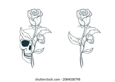 Hand drawn witchy skull and roses isolated set. Vector witchcraft illustration in vintage style  for tattoo, t-shirt design, textile, bags.