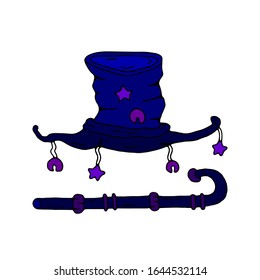 Hand drawn wizard hat with stars and bells and magical cane, illustration isolated on white background. Vector art. Halloween decor.