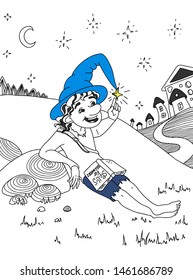 Hand drawn wizard lying on the grass