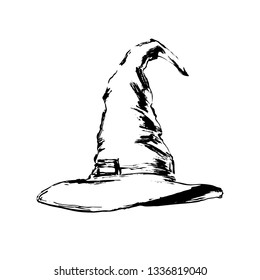 Hand drawn wizard or witch hat sketch illustration. Vector black ink drawing isolated on white background. Grunge style.