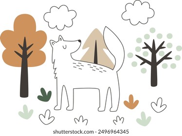 Hand Drawn Wold In Forest Vector Illustration