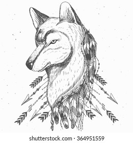 Hand drawn wolf in aztec style with feathers and arrows