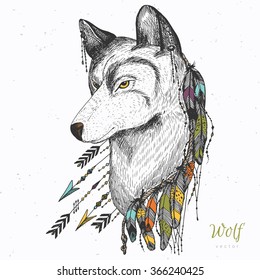 Hand drawn wolf with feather necklace and arrows