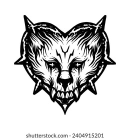 hand drawn wolf with hearth barbed wire, illustration vector good for logo,badge,icon etc.
