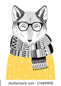 hand drawn wolf portrait in hipster glasses, scarf and sweater, winter look. Vector illustration 