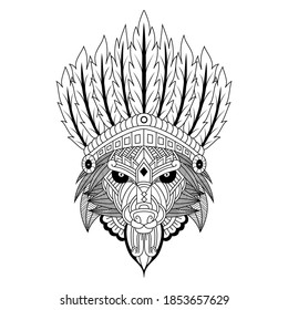 Hand drawn of wolf tribal chief in zentangle style