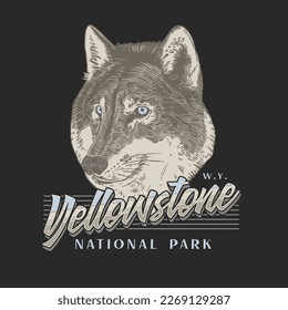 HAND DRAWN WOLF WILDLIFE OUTDOORS YELLOWSTONE NATIONAL PARK VINTAGE TSHIRT TEE PRINT FOR APPAREL MERCHANDISE