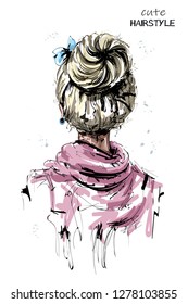 Hand drawn woman back with blonde hair. Cute hairstyle with bow. Fashion woman hairstyle. Sketch. Vector illustration. 